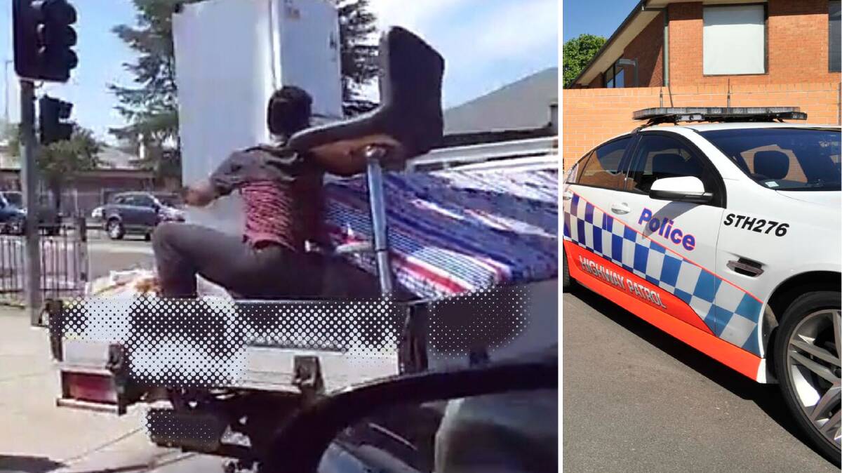 Police are investigating this image that appears to show person riding in the back of a utility vehicle in Wagga with an unsecured load. Picture: NSW Police Force Traffic and Highway Patrol Command