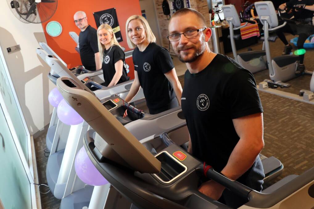 24-hour treadmill challenge at Anytime Fitness Glenfield with David Hay, Kate Dahlenburg, Kelly Rands and Peter Moran. Picture: Les Smith 
