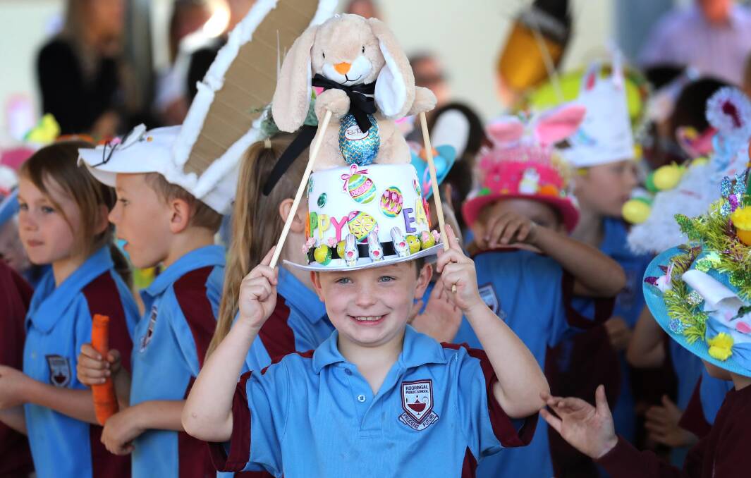 CHEEKY GRIN: Nate Verrall, 7, is ready to march at Kooringal Public School's Easter hat parade. Picture: Les Smith