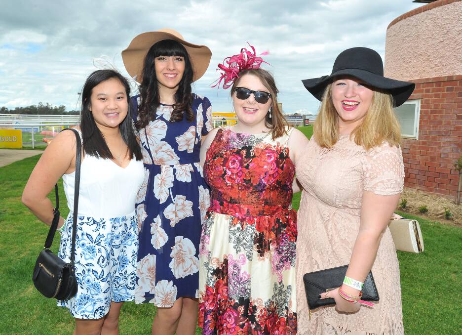 DRESSED TO IMPRESS: Pascale Chung from Sydney, Stephanie Cirillo from Leeton, Zoe Chapman from Wagga and Mikaela Moore from Narrandera enjoy the 2016 races. 