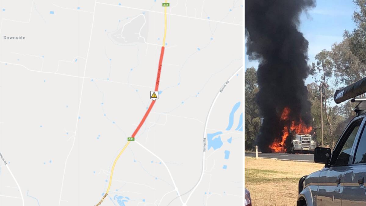 The Olympic Highway is closed in both directions after a truck caught alight. Picture: Morgan Pearce 