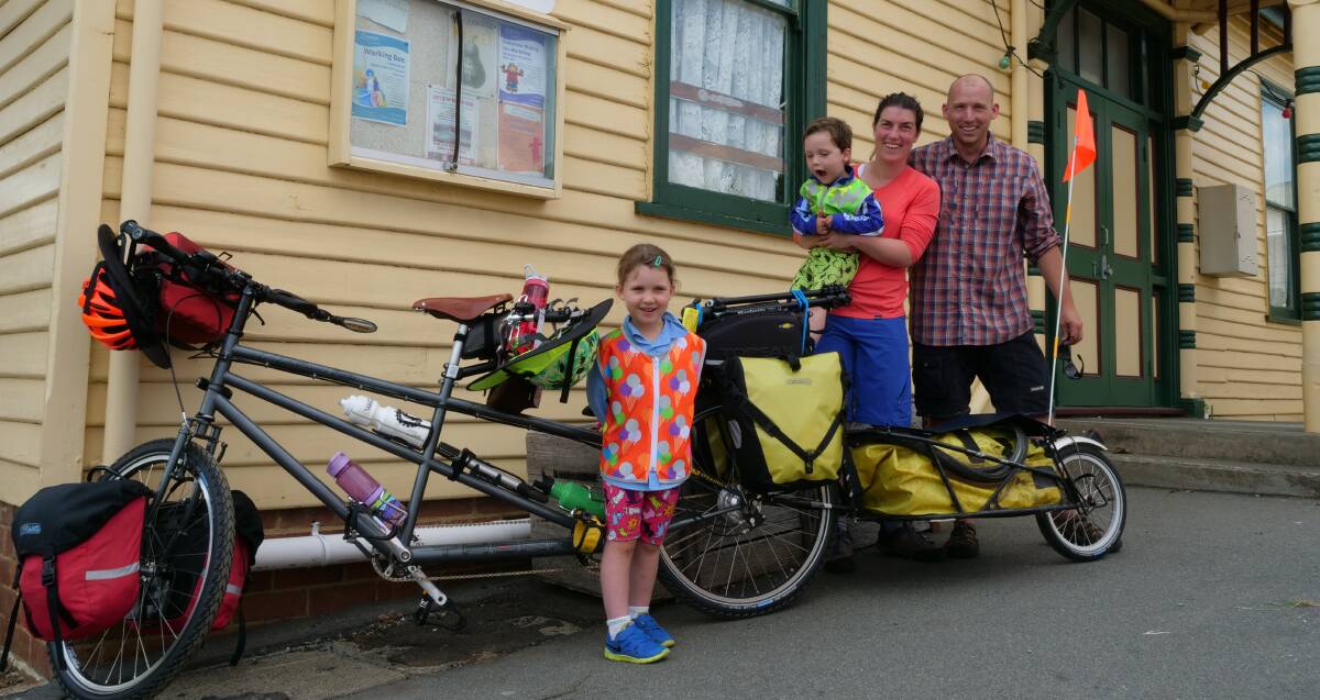 TIME FOR AN ADVENTURE: Andrew and Nicola Hughes with their two children, Hope, 5, and Wilfy, 3, during their first couple of days of riding. Picture: Adventure Learning Australia/Swag Family
