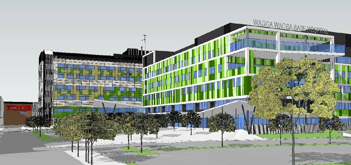 An artist's impression of how the finished ambulatory care building will look, next to the existing Wagga Base Hospital building (left).