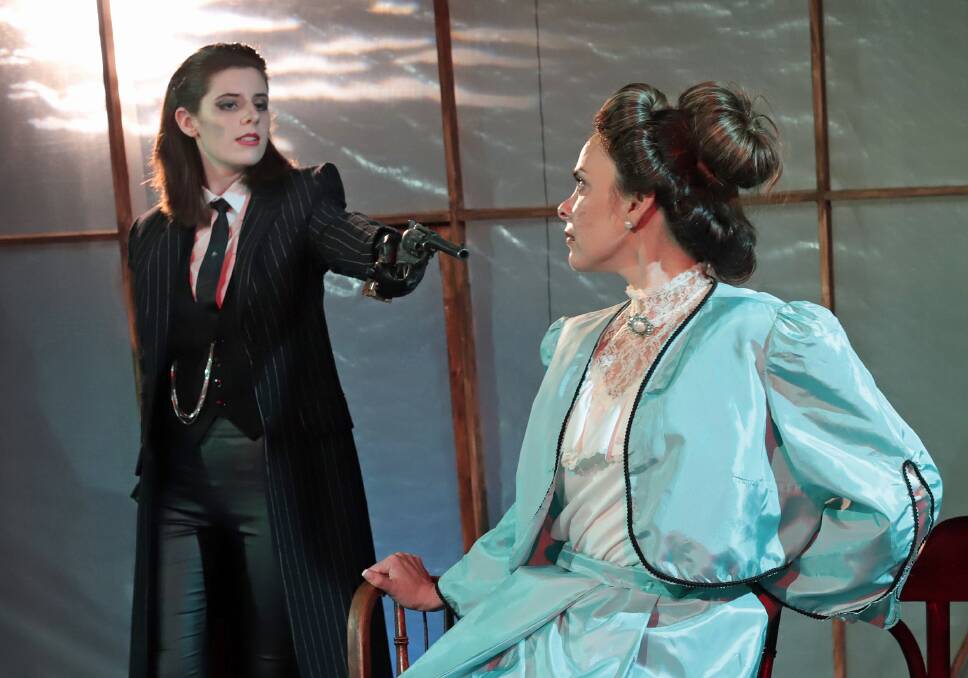 SUSPENSE: Moriarty, played by Lauren Walker, kidnaps the Jersey Lily, played by Catherine Dawson. Picture: Supplied 