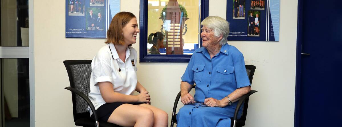 NATTERING AWAY: Matilda O'Connor and Mary Kidson, a school vice-captain and a former Wagga councillor respectively, sat down at Wagga High to chat about their opinions on life, love and everything else in between. 
