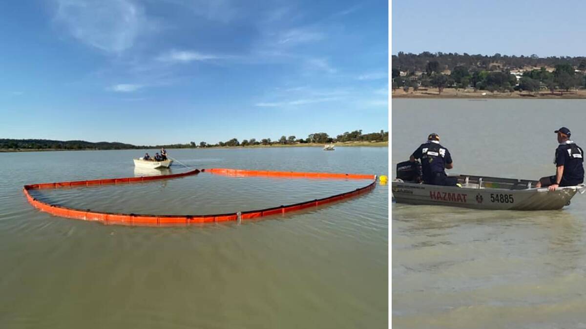 Firefighters inspecting the booms placed around the boat fire on Lake Albert. Pictures: Fire and Rescue NSW Station 480 