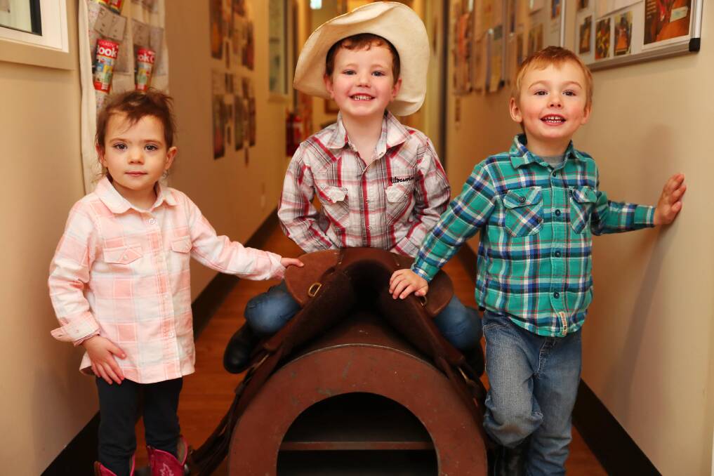 SADDLE UP: Isabella Finch, 3, Oliver Shepherd, 5, and Jackson Killman, 3, loved the chance to wear their 'farmer' outfits. Picture: Emma Hillier