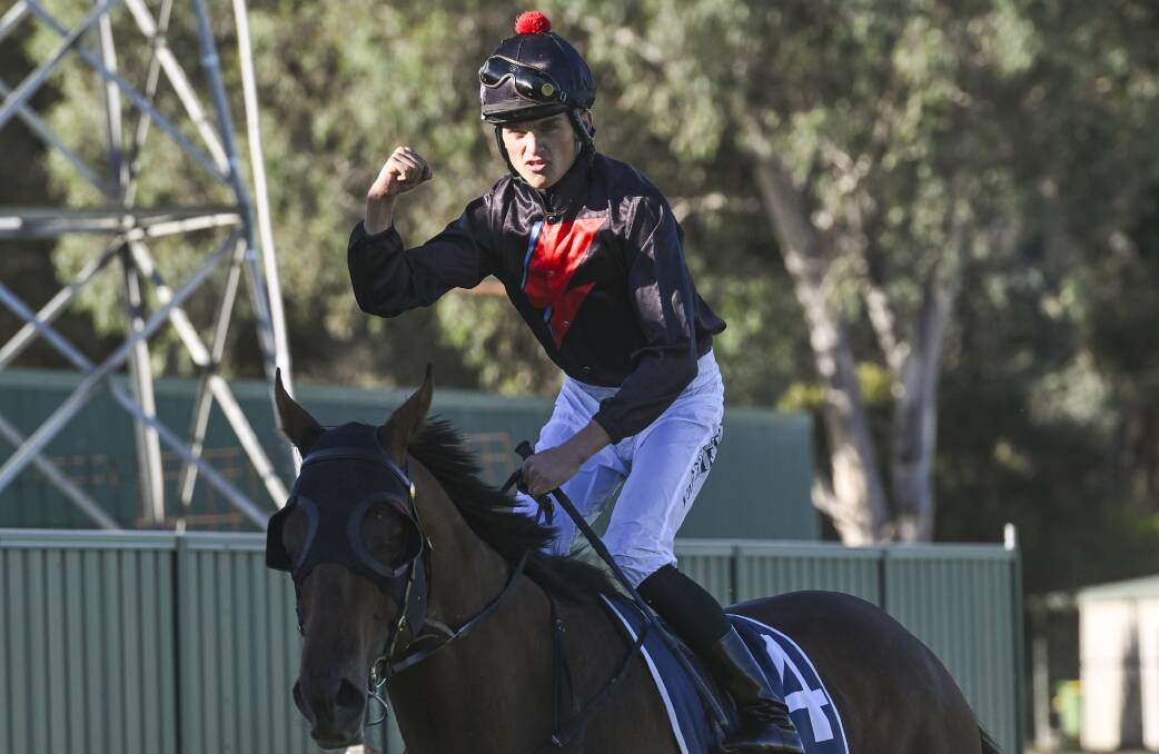 Apprentice jockey Angus Villiers was clearly pumped with the victory of Flying Sultan in the City Handicap. Picture by Mark Jesser