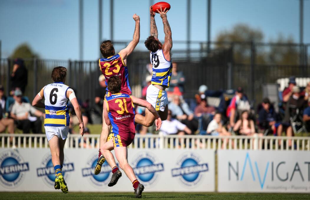 HIGH-FLYER: Trent Castles in action for Mangoplah-Cookardinia United-Eastlakes in the AFL Riverina Championship this season.