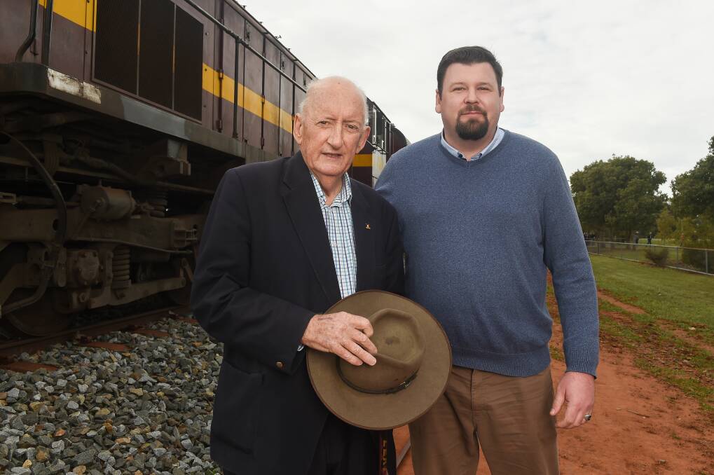 FLASHBACK: The late Tim Fischer, pictured with Lachlan Valley Railway Society chairman Ross Jackson in 2019. The train group contributed towards the new scholarship.