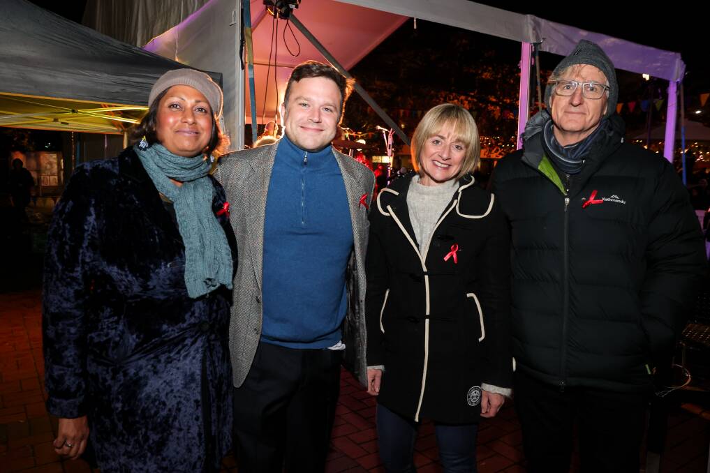 KEY MESSAGES: Guest speakers of the 10th Winter Solstice Indira Naidoo, Zak Williams, Jo Robinson and host David Astle share their experiences with suicide at Albury's QEII Square on Tuesday night, discussing the importance of suicide prevention and self-care. Picture: JAMES WILTSHIRE