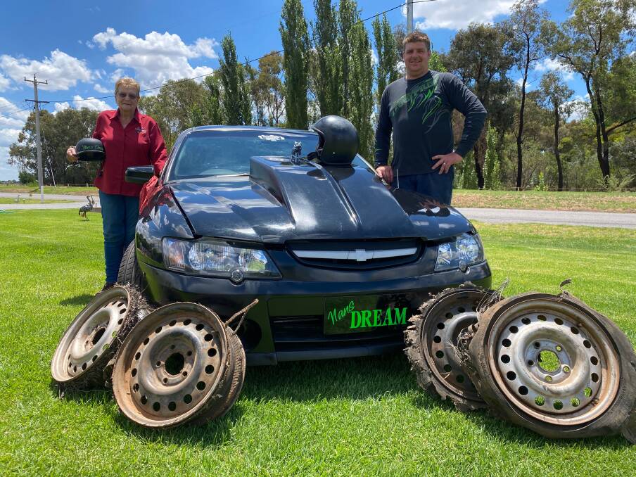 NAN'S DREAM: Lorraine Tuckett (left) with grandson Guy Tuckett and the vehicle she competes in, as well as some of her "worn" tires. Photo: Talia Pattison