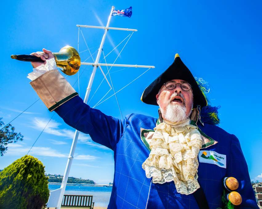 HEAR YE, HEAR YE: Regional town crier Alan Moyse in action during a cruise ship visit to Eden, southern NSW. Picture: Rachel Mounsey