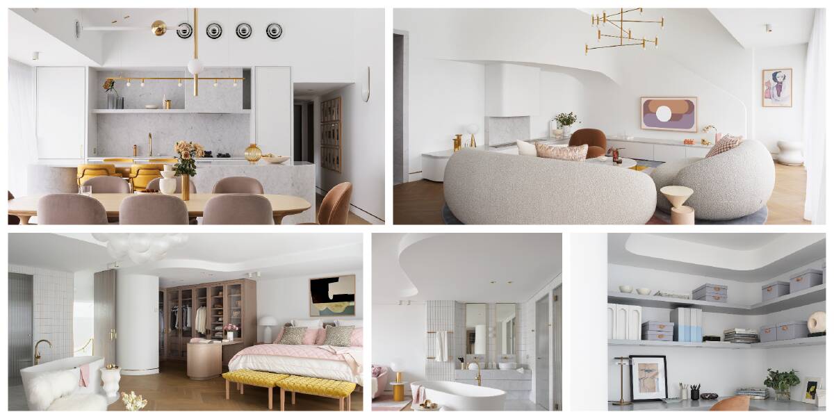 COMFORT AND SOPHISTICATION: The colour palette and curves which are a feature of this three bedroom, two storey Walsh Bay apartment flow throughout from the kitchen dining room (top left), to the living room (top right), master bedroom (bottom left), ensuite (bottom centre) and study (bottom right). Photos: Anson Smart