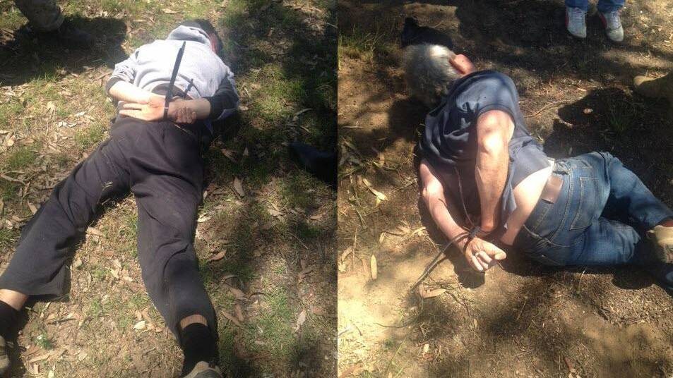 BUSTED: NSW Police have released this image of Gino and Mark Stocco upon their arrest in Dunedoo. Picture: Supplied