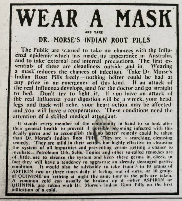 An advertisement that appeared in The Daily Advertiser enocuraging people to wear a mask and take Dr. Morse's Indian Root Pills. 