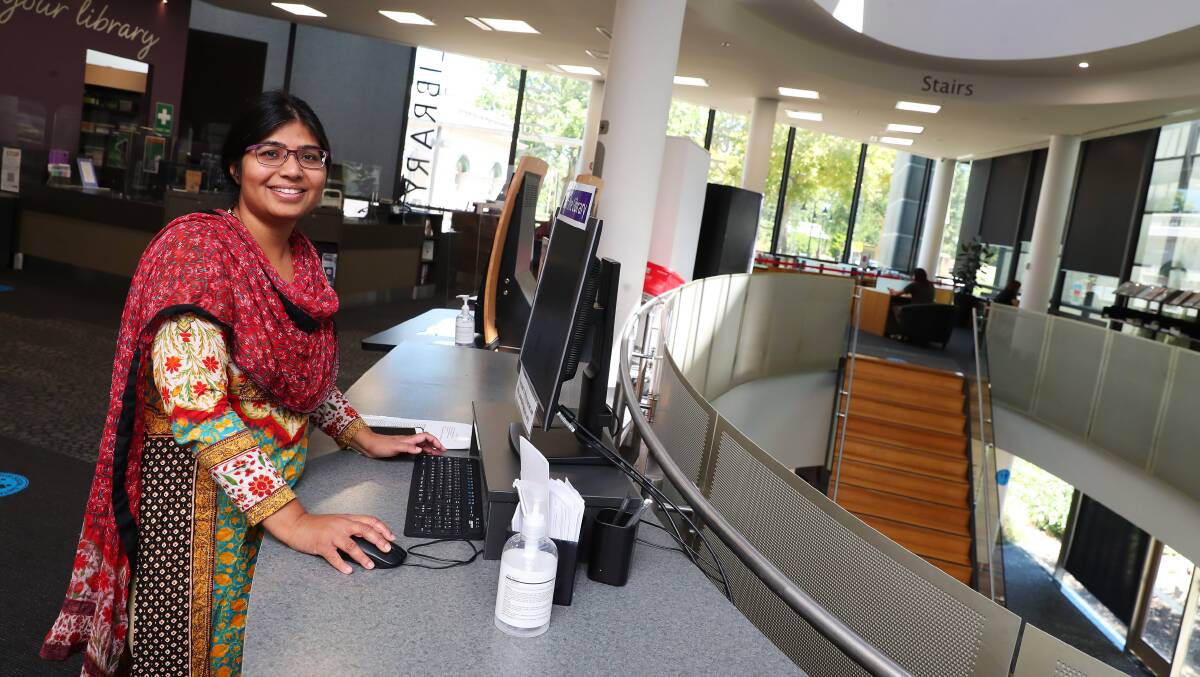 Regular library user Saba Nabi takes advantage of the computer services. Picture: Emma Hillier