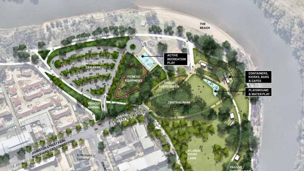 GREEN LIGHT: Wagga City Council's illustrative concept plan for stage two of the Riverside redevelopment. The plan includes a multimillion-dollar super park. Picture: Supplied