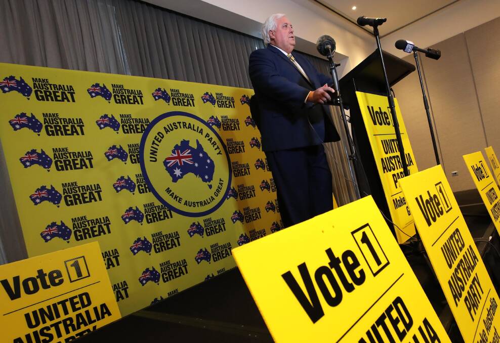 Clive Palmer speaking at a press conference during his visit in Wagga on Saturday. Picture: LES SMITH