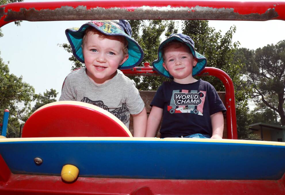 Two-year-old twins from Tumbarumba Joey and Josh McGrath at the free play sessions for evacuees. Picture: Les Smith
