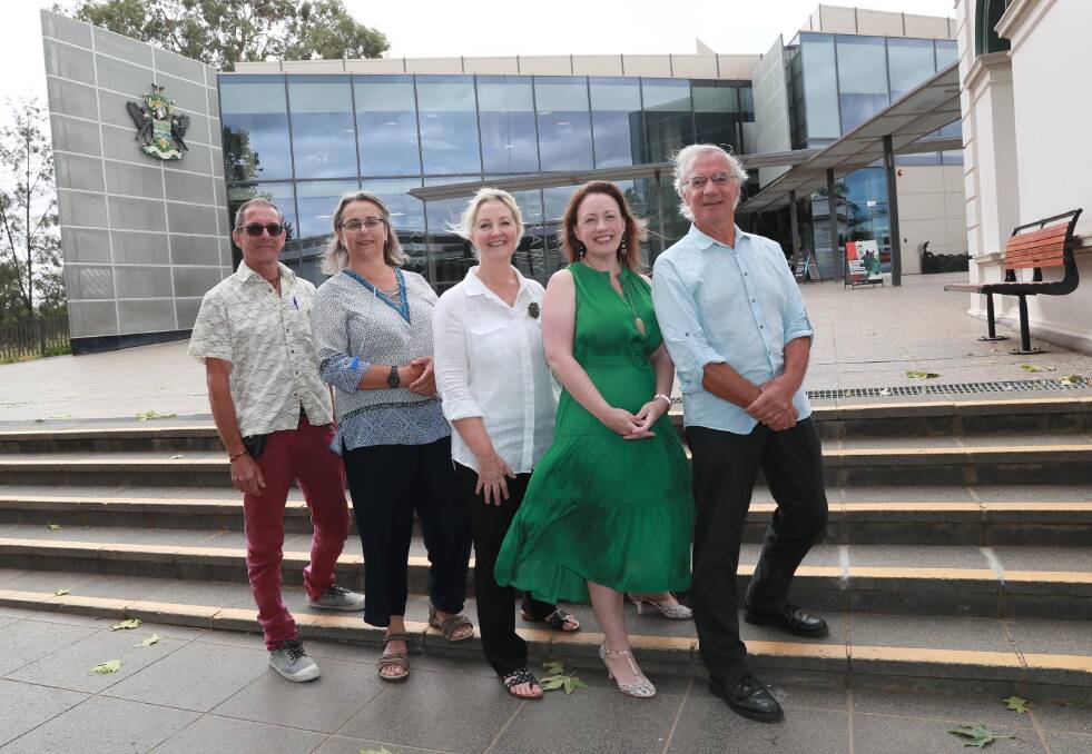 The Greens ticket members Eric Kaiser, Sarah Pollard Williams, Jenny McKinnon and George Benedyka with NSW MP Abigail Boyd (second from the right). Picture: Les Smith 