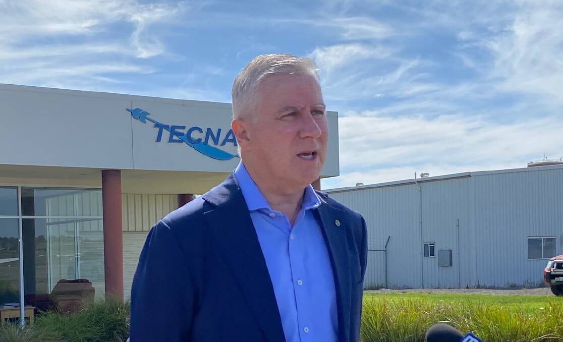 Riverina MP, Deputy Prime Minister Michael McCormack announces the Regional Air Network Assistance Package at the Wagga Air Centre today. Picture: Daina Oliver