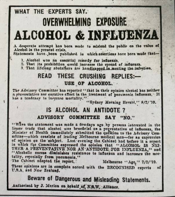 An advertisement that appeared in The Daily Advertiser discouraging the use of alcohol as a treatment for the Spanish flu. 