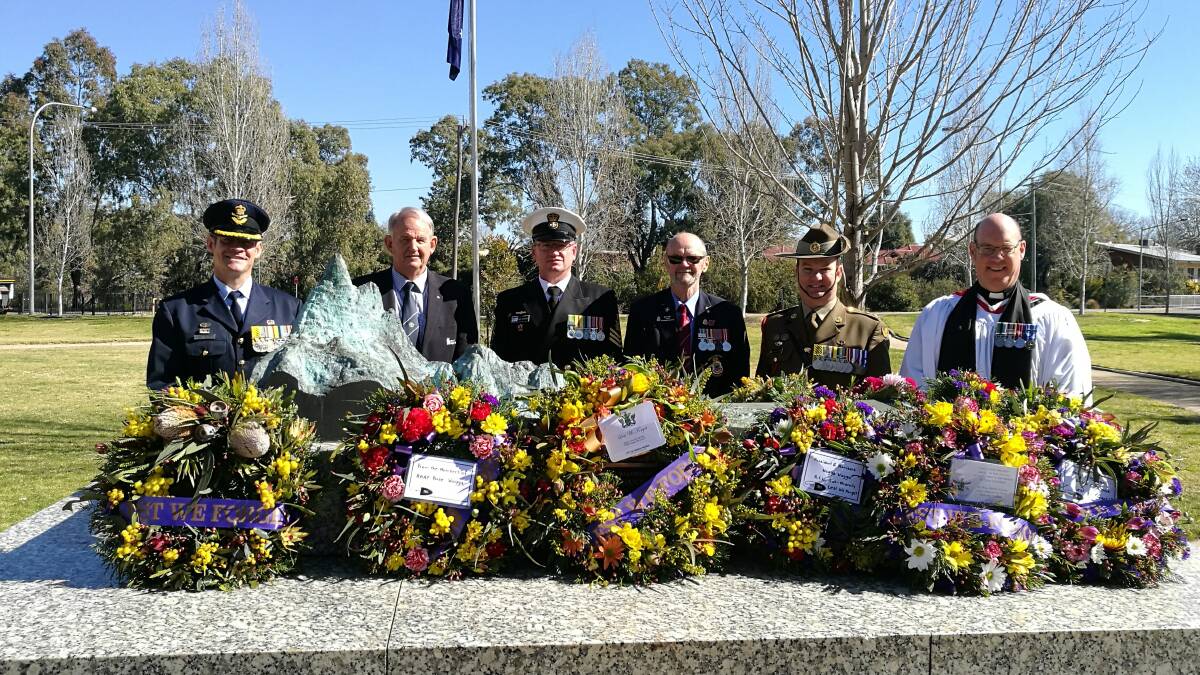 REMEMBER: Group Captain Ian Carty, Wagga Mayor Greg Conkey, Petty Officer Paul Goodwin, Wagga RSL's Ken May, Colonel Andy Behan and Chaplin Andrew Osborne. Picture: Contributed