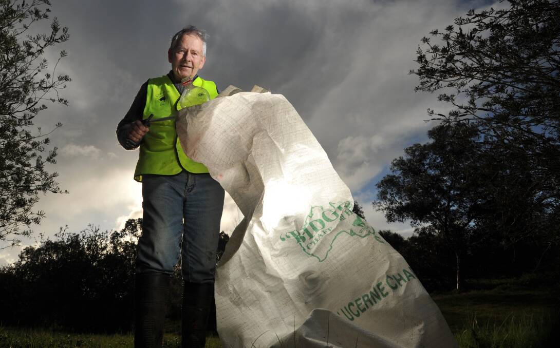 STAYING TIDY: Wagga Tidy Towns Sustainable Community Committee chairman John Rumens pictured picking up rubbish on Clean Up Australia Day in 2014. 