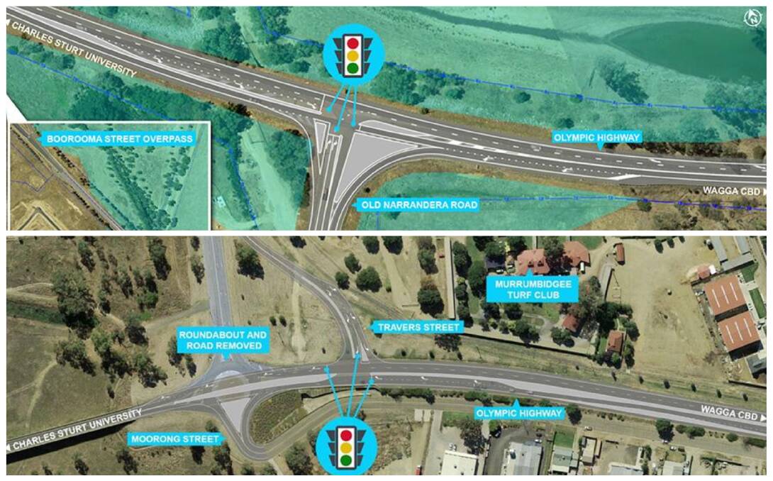 UPGRADE: The Old Narrandera Road T-intersection with traffic lights, top, and the Travers Street T-intersection with traffic lights, bottom.