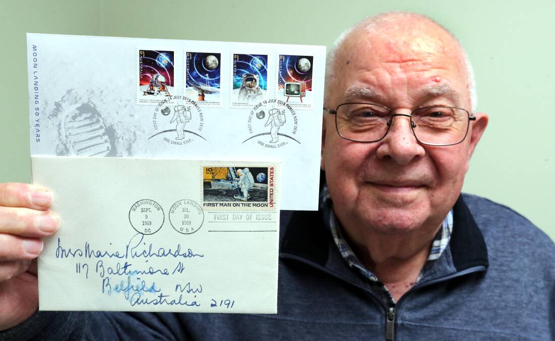Wagga's Peter Simpfendorfer showing the stamps from the first moon landing and the 50th anniversary in his collection. Picture: Les Smith