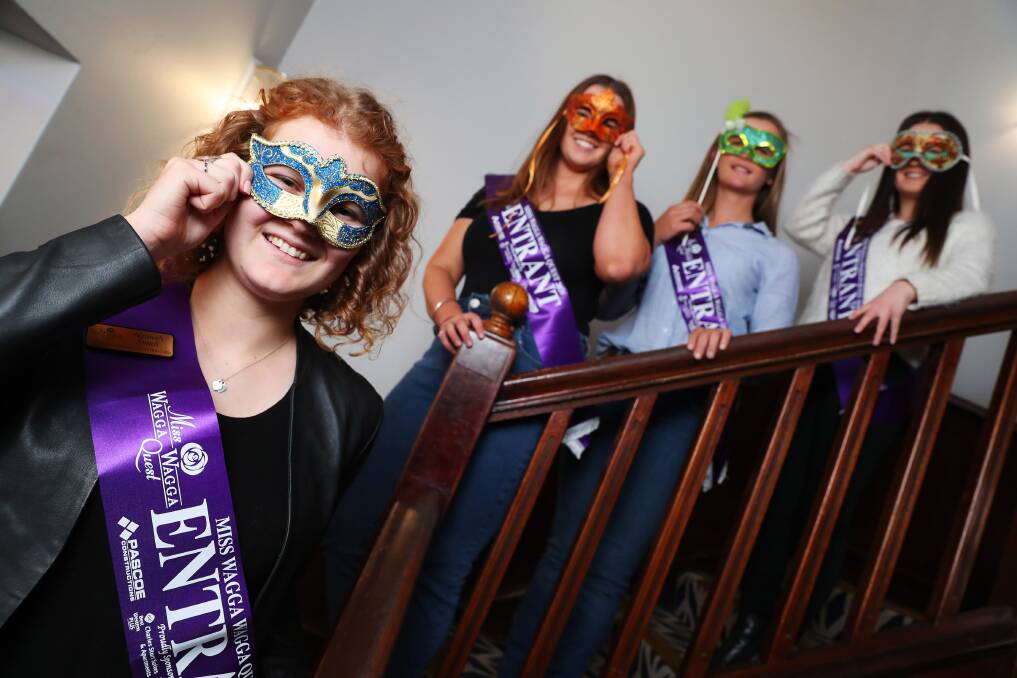 MASKED FUN: Miss Wagga Quest entrants Hannah Smith, Hayley Wallace, Montanna Ross and Margie Gaynor ready for the masquerade ball. Picture: Emma Hillier