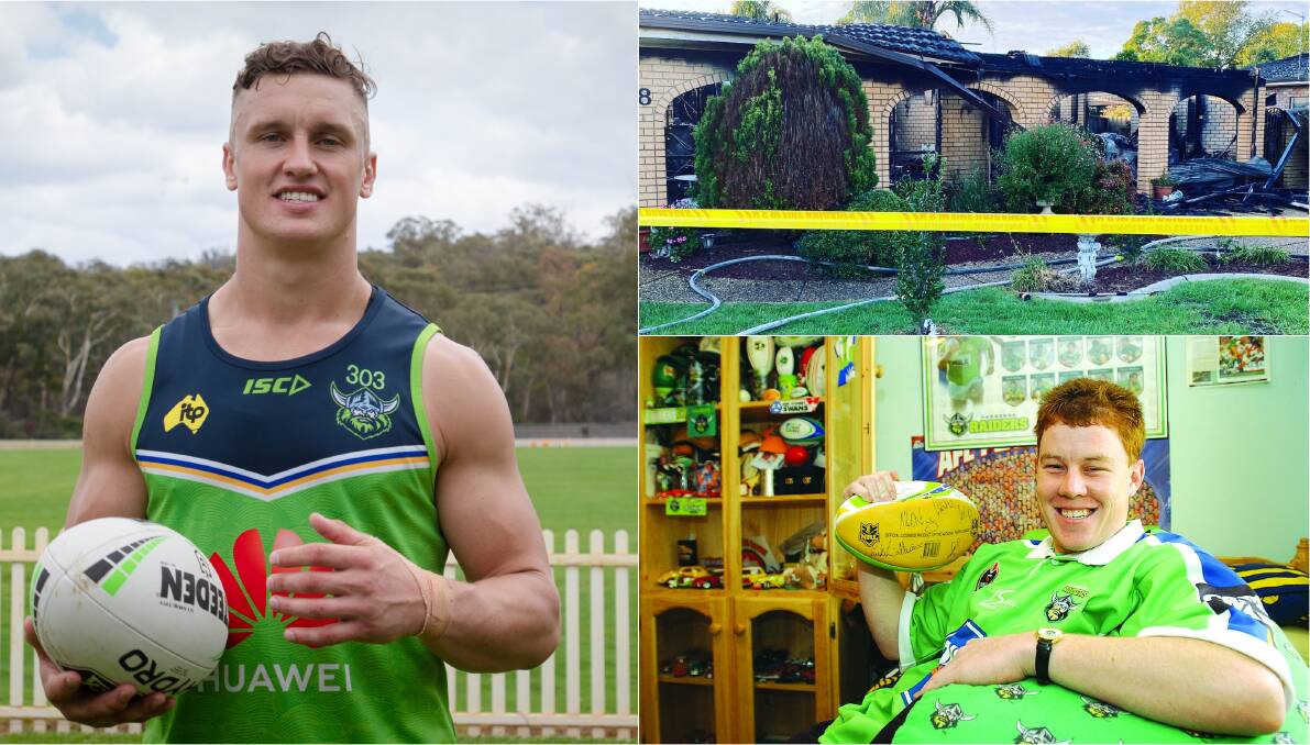 Canberra Raiders player Jack Wighton, left, sent a video message to Wagga's Scott Gerhardy, pictured in 2003, who was devastated to find his Raiders memorabilia destroyed in a house fire. 