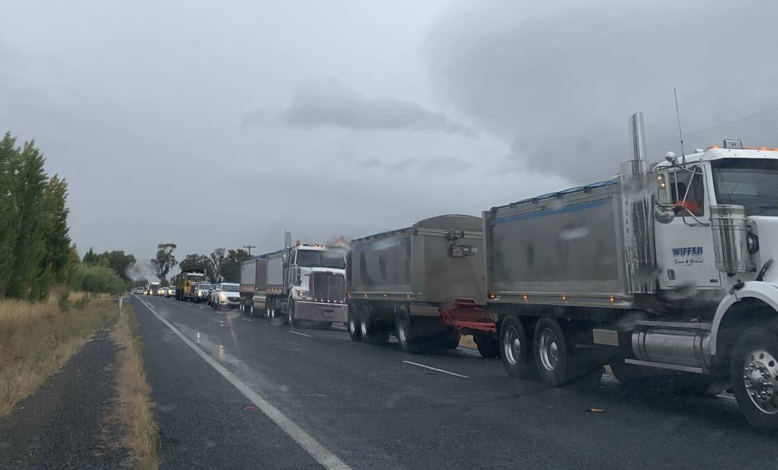 Traffic backed up for hundreds of metres after a motorcyclist crashed near Table Top. Picture: Border Mail