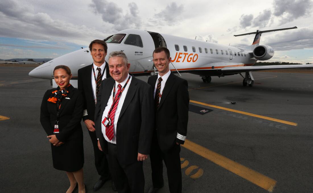 JET SETTING: Jennifer Kingi, Simon Gibbons, Managing Director Airlines at JETGO Australia Paul Bredereck and Andrew Hill at the announcement of flights from Albury to Brisbane last year.  Picture: MARK JESSER