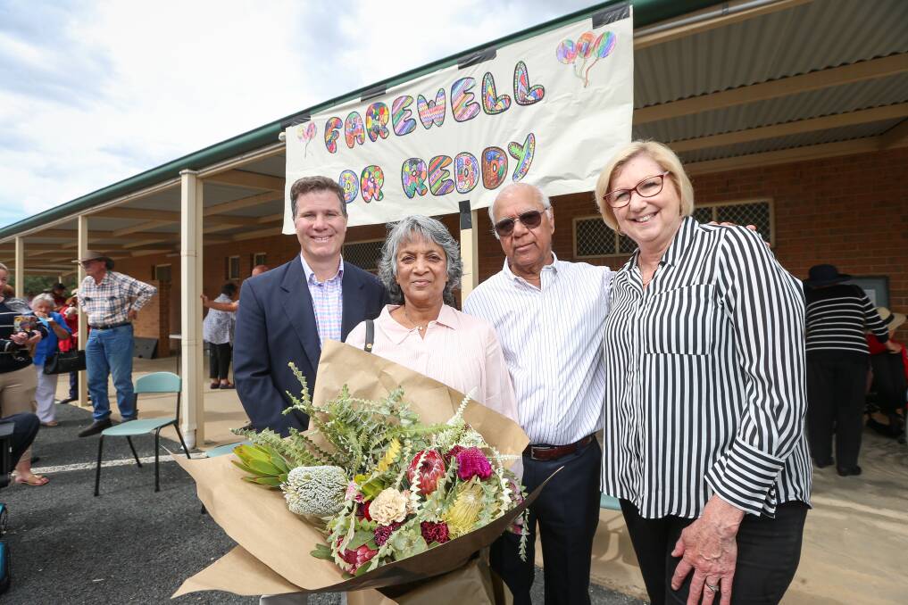 THANKS: The retirement of Jan Reddy was celebrated in Culcairn by wife Usha, Albury MP Justin Clancy and Jill Ludford, MLHD chief executive.