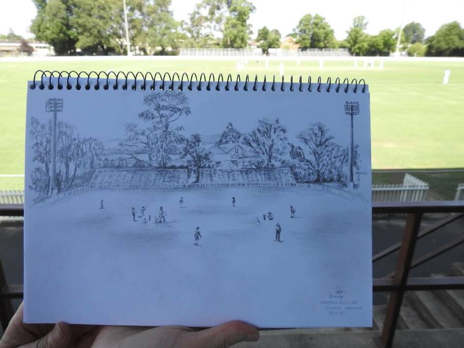 SPORT SKETCH: Maree Yeomans from Wagga Wagga drew her son's cricket match from the shade of the grandstand at Wade Park. Photo: TONY YEOMANS