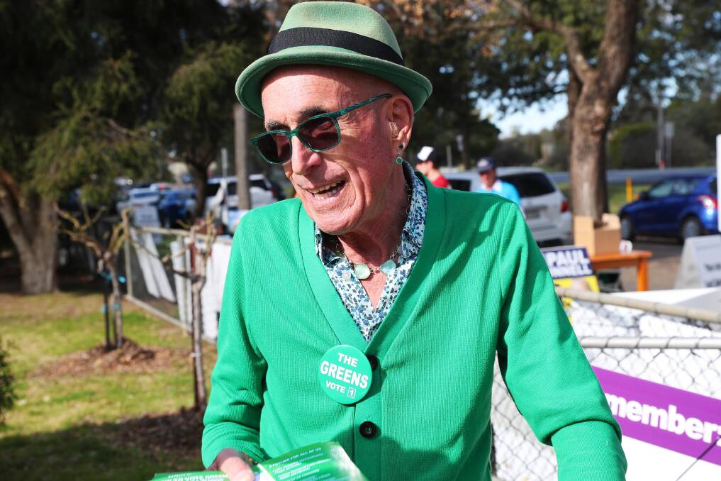 VOTING DAY: An appropriately attired Greens candidate Ray Goodlass at the North Wagga Public School polling booth. Picture: Emma Hillier