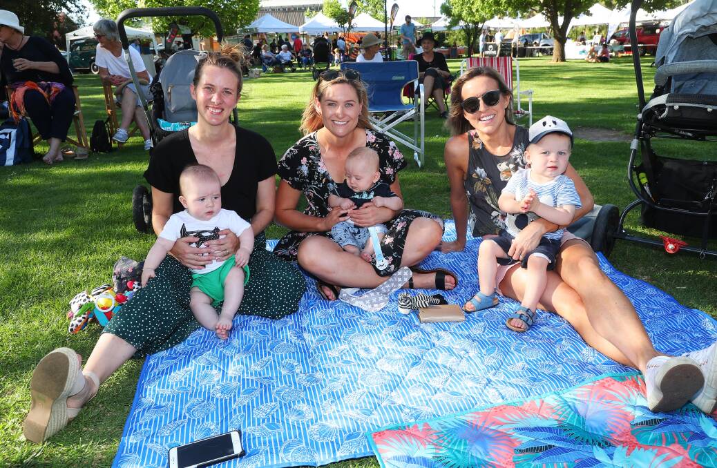 Fotzroy Stinear, six months, Rachel Stinear, Nicole Fisher, Cohen Fisher, four months, Jenna Butterfield and Louie Butterfield, 18 months at Cork and Fork in 2018.