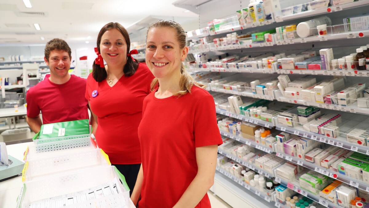 CELEBRATING: Wagga Base Hospital's Luke Hipwell, Bronwyn Doggett and Gabrielle Gosfeld get into the spirit of World Pharmacy Day. Picture Emma Hillier
