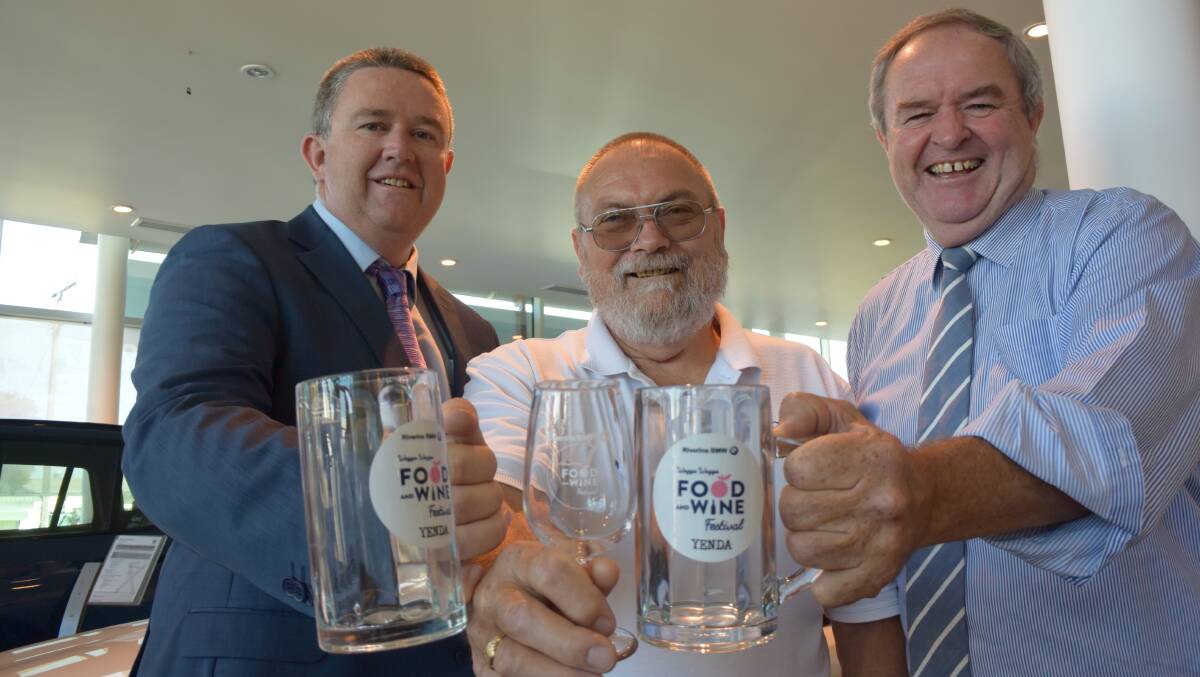 CHEERS TO FESTIVAL: Evan Robertson (left) and Peter Fitzpatrick (right) from The Forrest Centre with Laurie Blowes, chairman of the festival's organising committee, officially launch the 2018 Riverina BMW Food and Wine Festival.