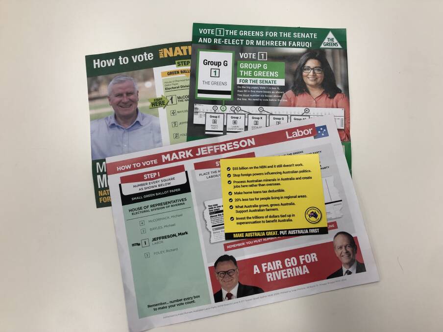 The Riverina handouts and how-to-vote cards.