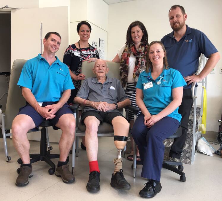 Wagga Base Hospital rehabilitation physician Rachael McQueen, Alexis Moore and Stephen Moore from Mayfly Media, exercise physiologist Jono Glover, amputee Mervyn Halbisch, and senior rehabilitation physiotherapist Sonia McMullen.