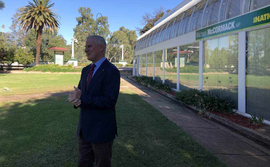Michael McCormack outside his Wagga electorate office after kicking off his election campaign.