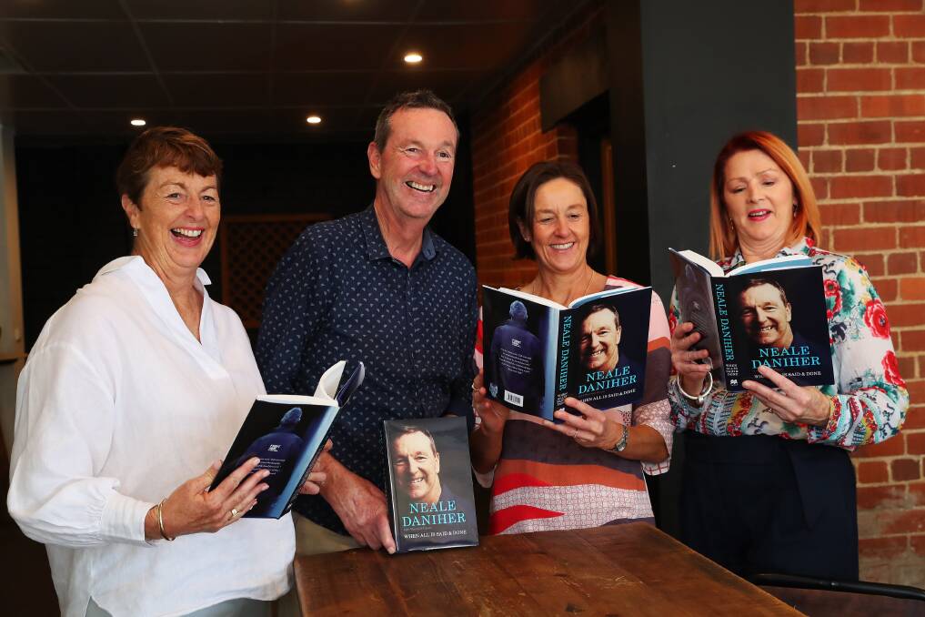 FAMILY SUPPORT: Neale Daniher with three of his sisters, Dorothy Vearing, Julie Cornell and Estelle Finemore during visit to Wagga. Picture: Emma Hillier