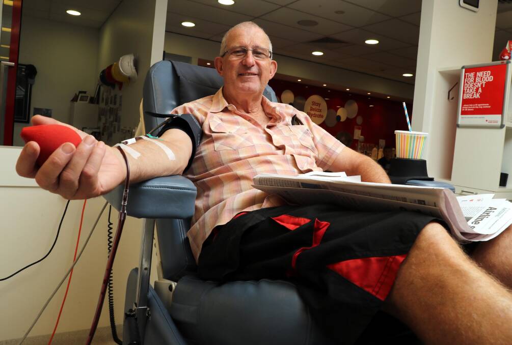 HELPING OUT: Barry Shields was donating plasma during his 222nd trip to the Wagga blood donation centre. Picture: Les Smith