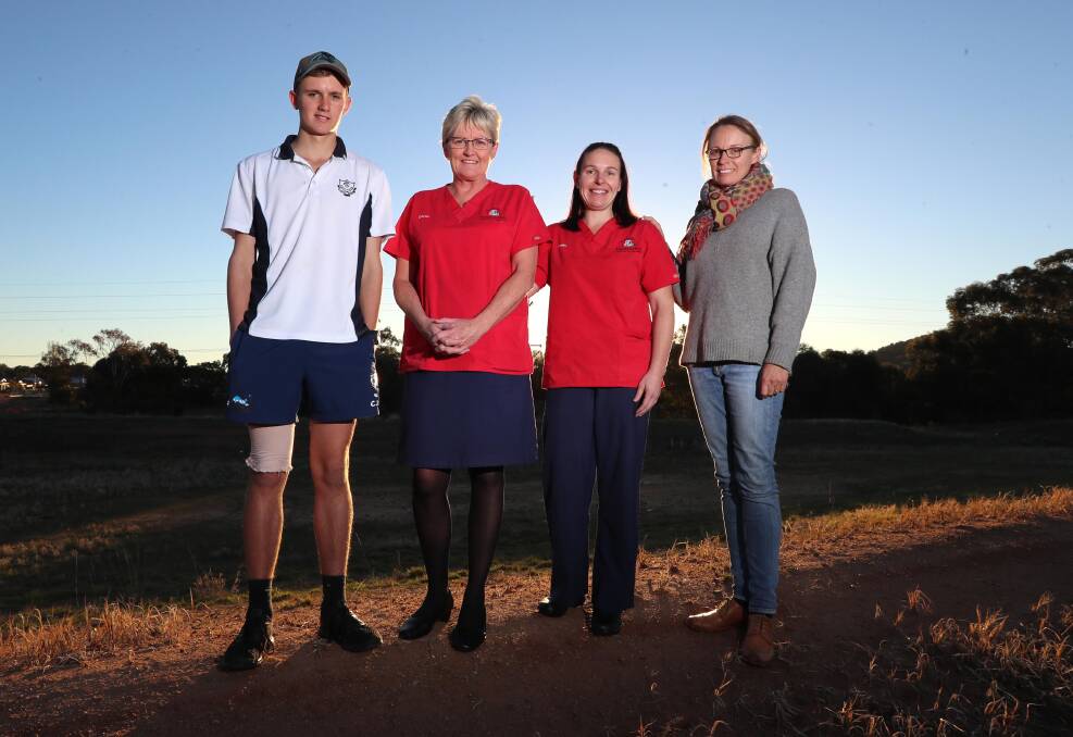 RECOVERY: Sam Carmichael with registered nurses Carol Cattell and Sonia Wainwright and his mum Kylie Carmichael.