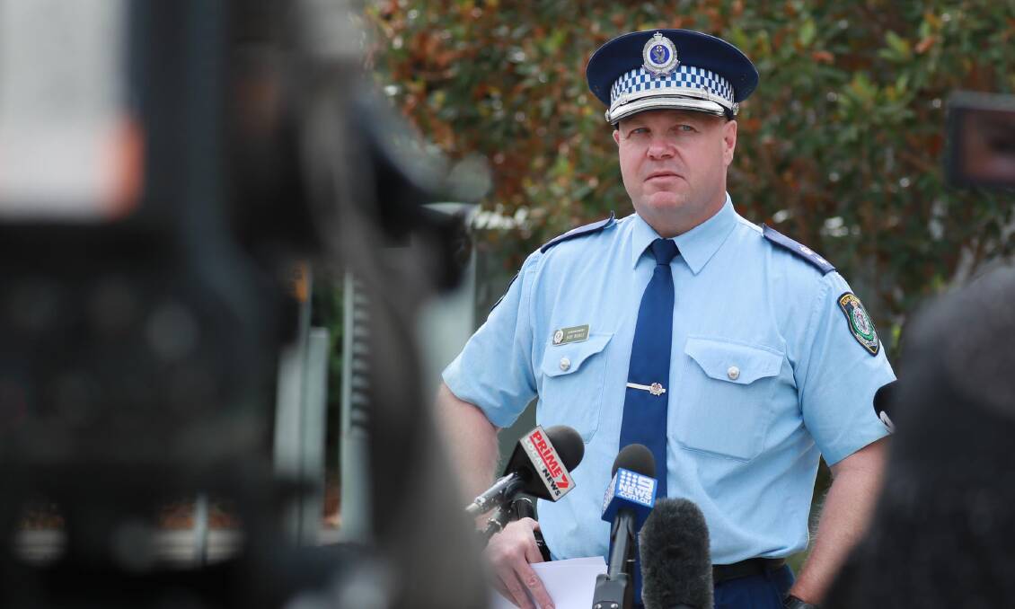 Superintendent Bob Noble at a press conference outside Wagga police station. Picture: Les Smith