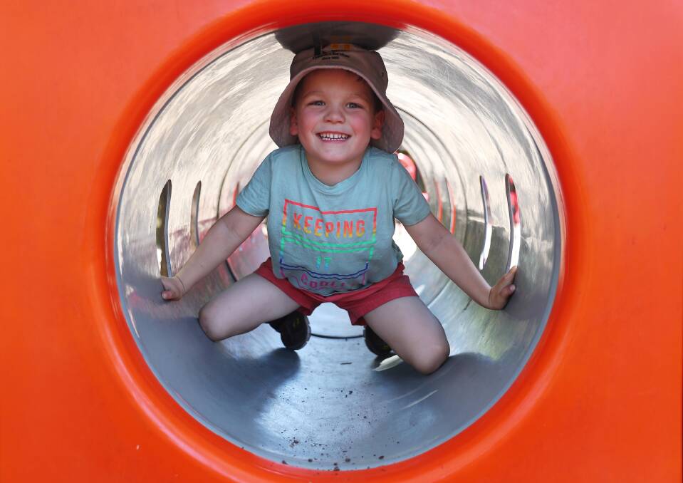 Eli Watson, 5, of Wagga found a fun way to stay out of the sun.