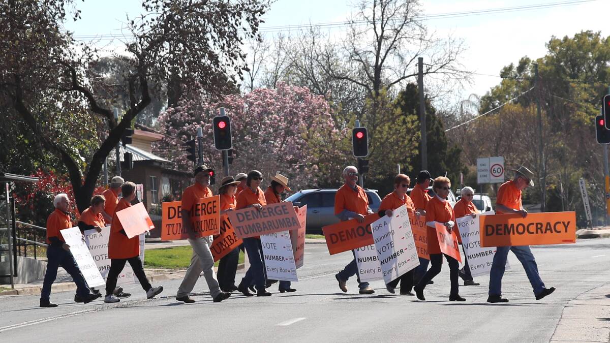 Anti-merger group Save Tumbarumba Shire brought their protest to Wagga during the byelection campaign in 2018.